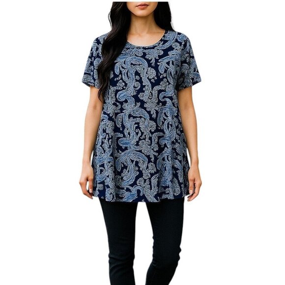 BELAROI Women’s Boho Blue Paisley Print Short Sleeve Tunic Top - Size 1X - Picture 1 of 11